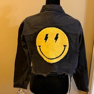 New, Black Cropped smiley Denim Jacket